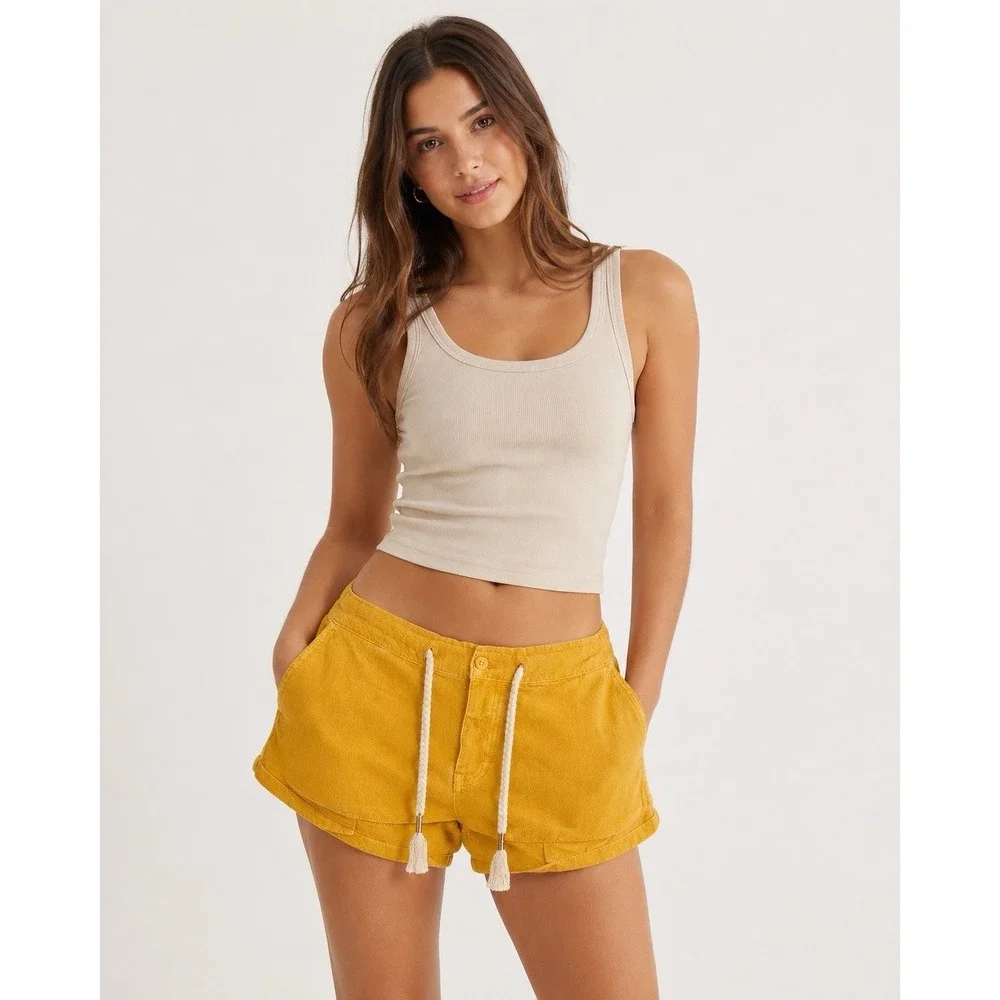 Free People Shorts M Mustard Yellow Linen Cotton Rope Drawstring NWT Boho